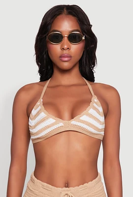 Womens Almost Famous Crochet Striped Halter Crop Top, Beige, Size L