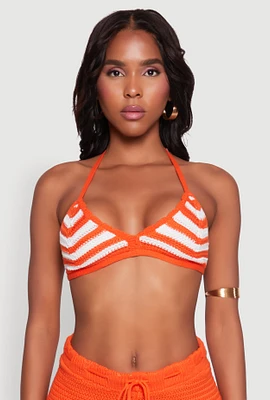Womens Almost Famous Crochet Striped Halter Crop Top, Orange,
