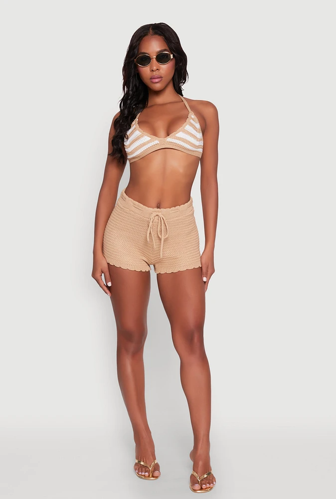 Womens Scalloped Trim Crochet Shorts, Khaki, Size L