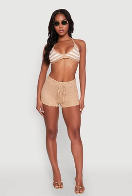 Womens Scalloped Trim Crochet Shorts, Khaki, Size L