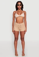 Womens Scalloped Trim Crochet Shorts, Khaki, Size L
