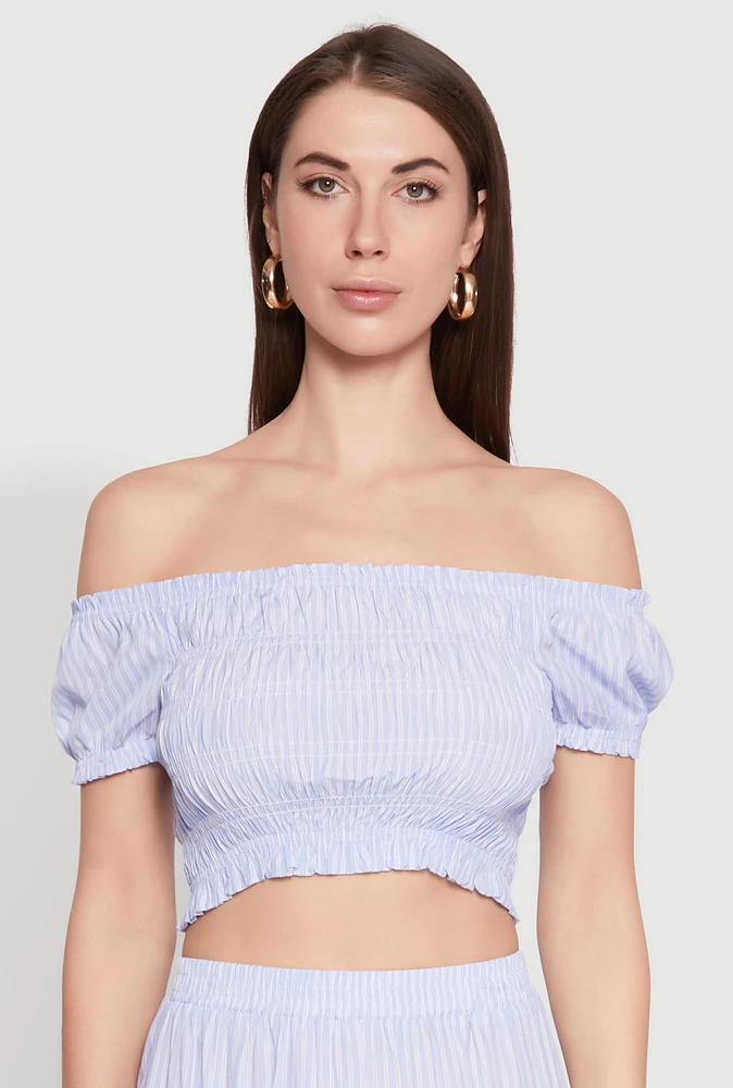 Womens Almost Famous Pinstripe Smocked Crop Top, Blue, Size L