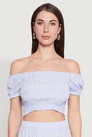 Womens Almost Famous Pinstripe Smocked Crop Top, Blue, Size L