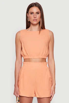 Womens Chic Linen Tank Top with Cropped Hem and Button Back, Orange, Size M