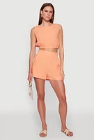 Womens Chic Linen Tank Top with Cropped Hem and Button Back, Orange, Size M