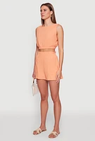Womens Chic Linen Tank Top with Cropped Hem and Button Back, Orange, Size M