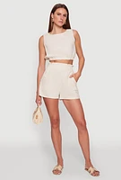 Womens Chic Smocked High Waisted Linen Shorts,