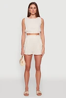 Womens Chic Smocked High Waisted Linen Shorts,