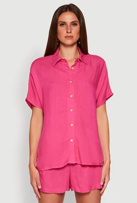 Womens Short Sleeve Button Front Shirt, Pink, Size XL