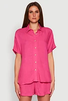 Womens Short Sleeve Button Front Shirt, Pink, Size XL