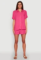 Womens Short Sleeve Button Front Shirt, Pink, Size XL