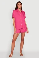 Womens Short Sleeve Button Front Shirt, Pink, Size XL
