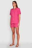Womens Short Sleeve Button Front Shirt, Pink, Size XL