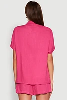 Womens Short Sleeve Button Front Shirt, Pink, Size XL
