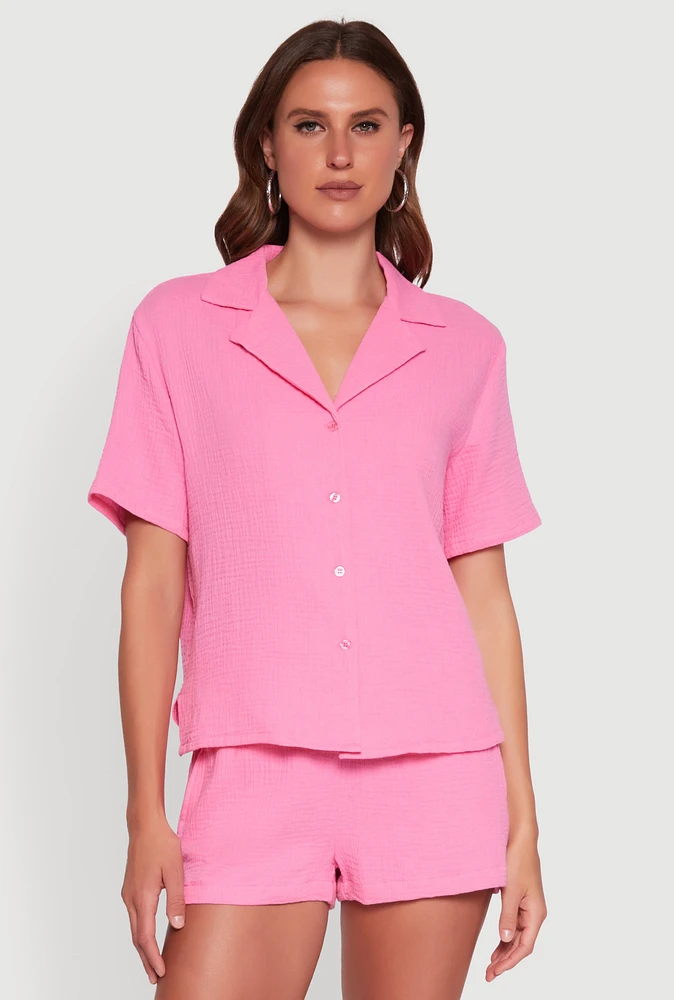 Womens Trendy Gauze Knit Short Sleeve Classic Fit Camp Shirt, Pink, Size XS