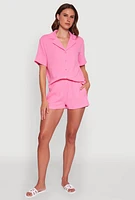 Womens Trendy Gauze Knit Short Sleeve Classic Fit Camp Shirt, Pink, Size XS