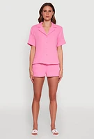 Womens Trendy Gauze Knit Short Sleeve Classic Fit Camp Shirt, Pink, Size XS