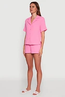 Womens Trendy Gauze Knit Short Sleeve Classic Fit Camp Shirt, Pink, Size XS