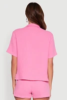 Womens Trendy Gauze Knit Short Sleeve Classic Fit Camp Shirt, Pink, Size XS
