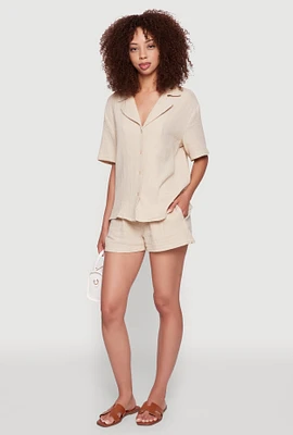 Womens Trendy Gauze Knit High Waisted Pull On Shorts with Pockets, S
