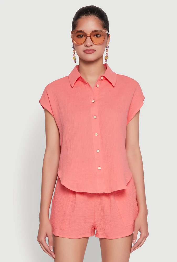 Womens Gauze Knit Button Front Shirt, Orange, Size S