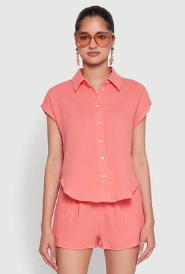 Womens Gauze Knit Button Front Shirt, Orange, Size S