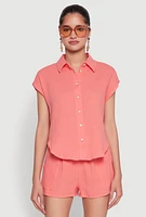 Womens Gauze Knit Button Front Shirt, Orange, Size S