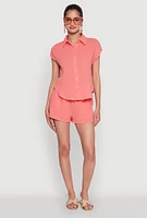 Womens Gauze Knit Button Front Shirt, Orange, Size S