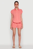 Womens Gauze Knit Button Front Shirt, Orange, Size S