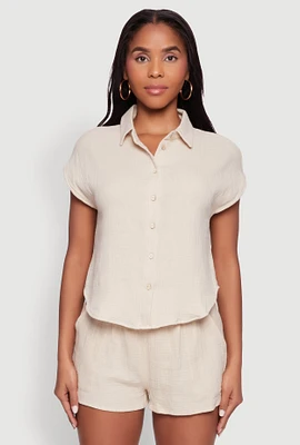Womens Gauze Knit Button Front Shirt,