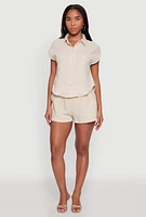 Womens Gauze Knit Button Front Shirt, Beige,