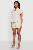 Womens Gauze Knit Button Front Shirt, Beige, Size XL