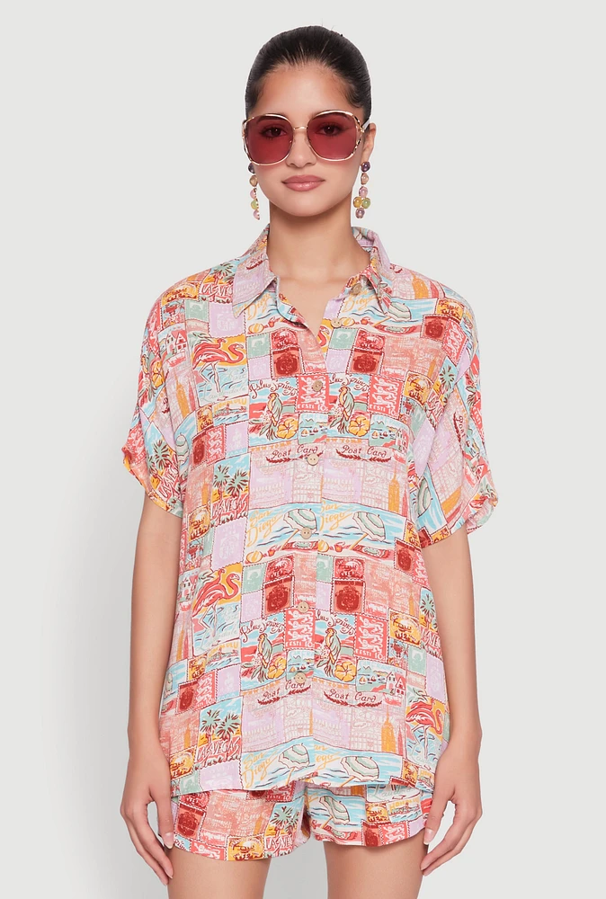 Womens Post Card Destination Print Shirt, Multi, Size L