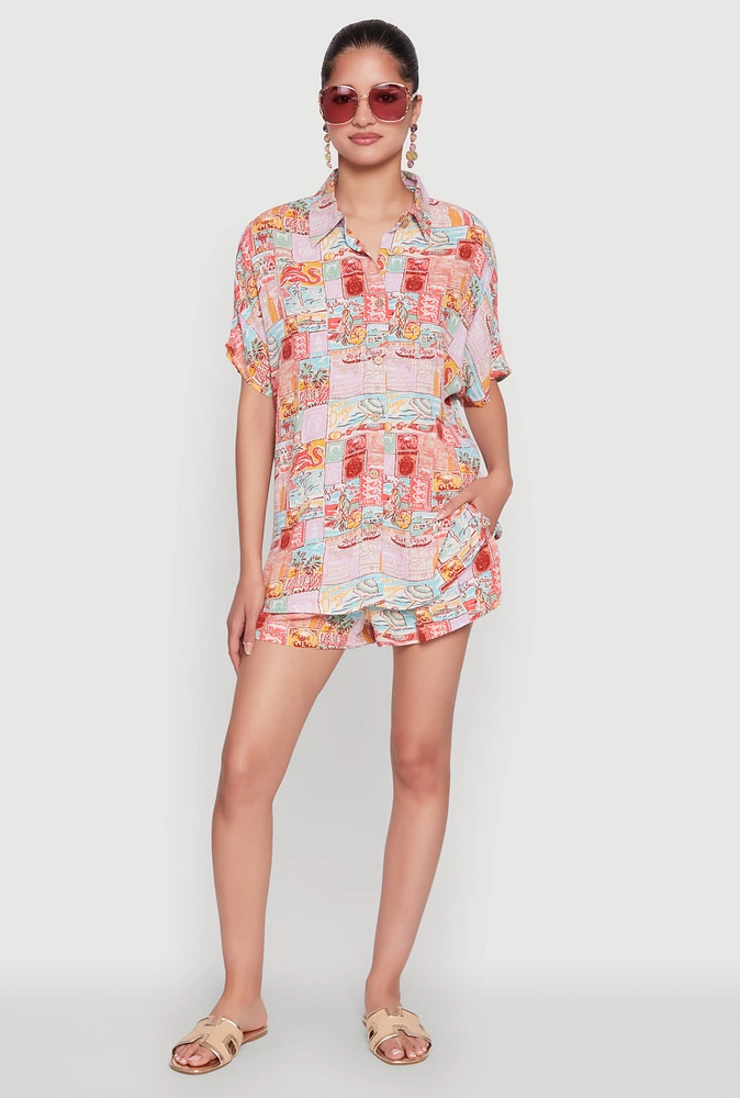Womens Post Card Destination Print Shorts, Multi, Size XL