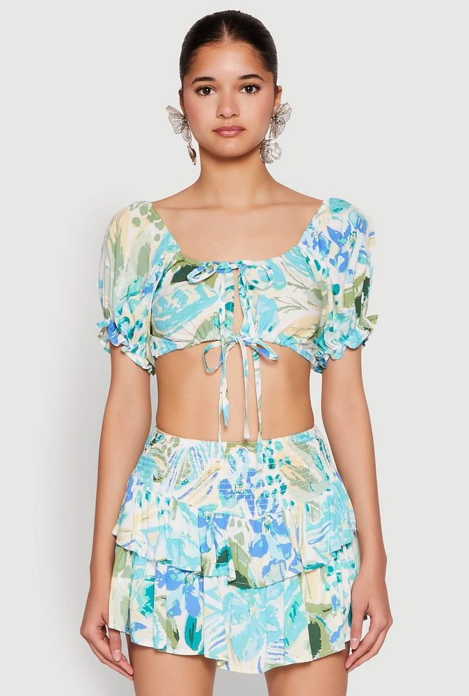 Womens Abstract Print Drawstring Keyhole Crop Top, Multi, Size L
