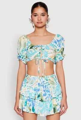 Womens Abstract Print Drawstring Keyhole Crop Top, Multi, Size L