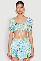 Womens Abstract Print Drawstring Keyhole Crop Top, Multi, Size L