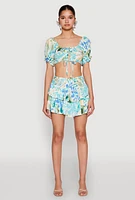 Womens Abstract Print Drawstring Keyhole Crop Top, Multi, Size L