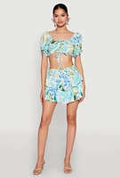 Womens Abstract Print Drawstring Keyhole Crop Top, Multi, Size L
