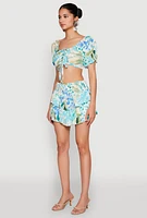 Womens Abstract Print Drawstring Keyhole Crop Top, Multi, Size L