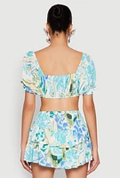 Womens Abstract Print Drawstring Keyhole Crop Top, Multi, Size L