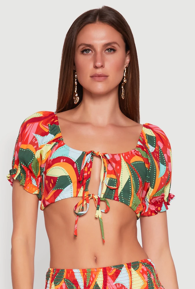 Womens Abstract Print Drawstring Keyhole Crop Top, Multi, Size S