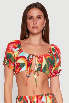 Womens Abstract Print Drawstring Keyhole Crop Top, Multi, Size S