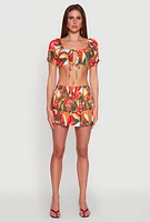 Womens Abstract Print Drawstring Keyhole Crop Top, Multi, Size S