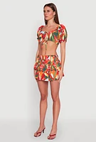 Womens Abstract Print Drawstring Keyhole Crop Top, Multi, Size S