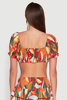 Womens Abstract Print Drawstring Keyhole Crop Top, Multi, Size S