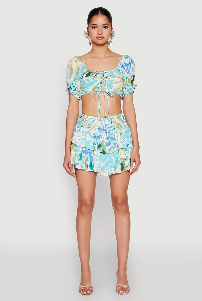 Womens Printed Smock Waist Tiered Skort, L