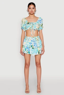 Womens Printed Smock Waist Tiered Skort, L