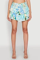 Womens Printed Smock Waist Tiered Skort, Blue, Size M