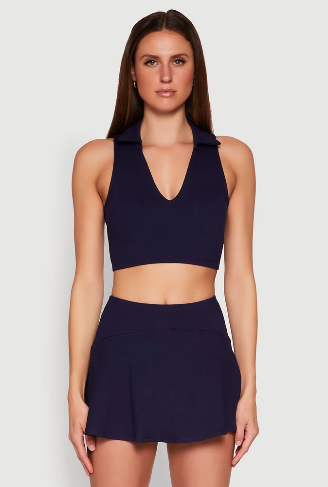 Womens Polo Collar Sports Bra Top, Blue,